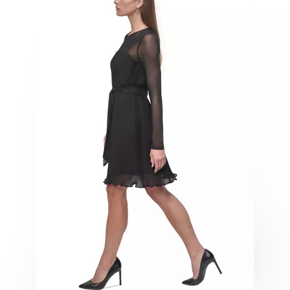 DKNY Women's Chiffon Pleated Tie-Waist Illusion-Mesh Dress Size 16 - Picture 6 of 9